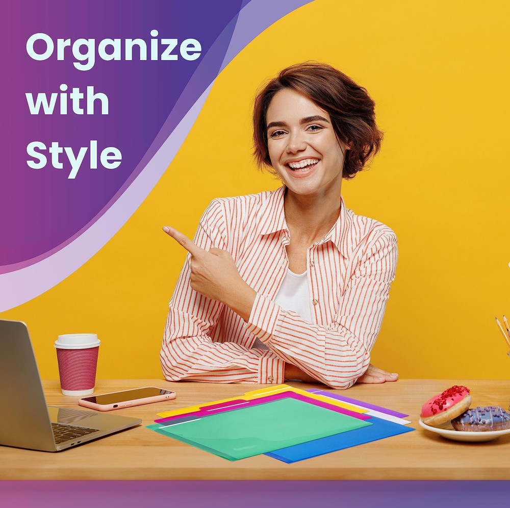 18 Pack Poly Project Document Pockets 1/3 Cut Tabs 6 Translucent Colors