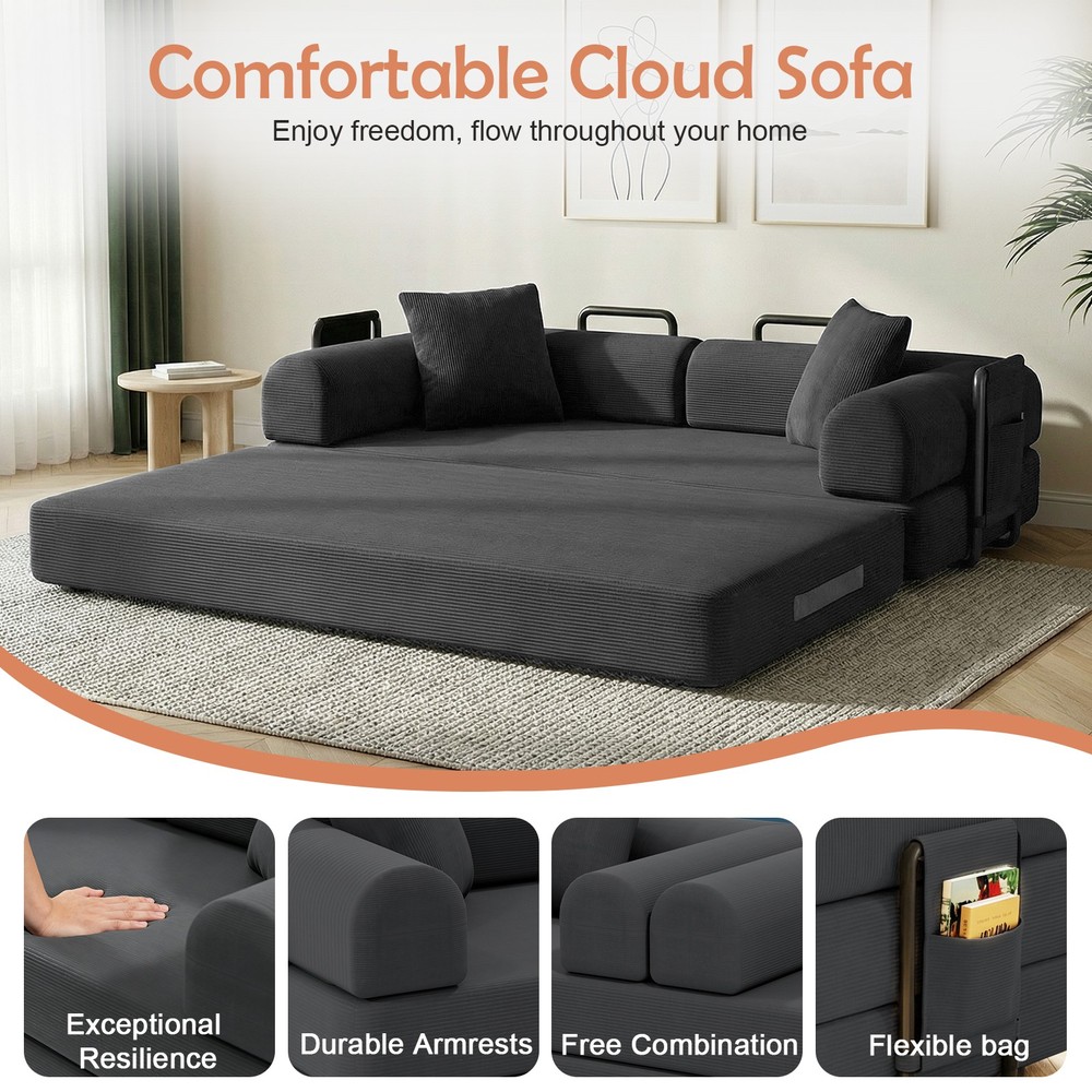 79" Corduroy Convertible Compression Sofa Bed Folding Floor Sofa Sleeper Couch