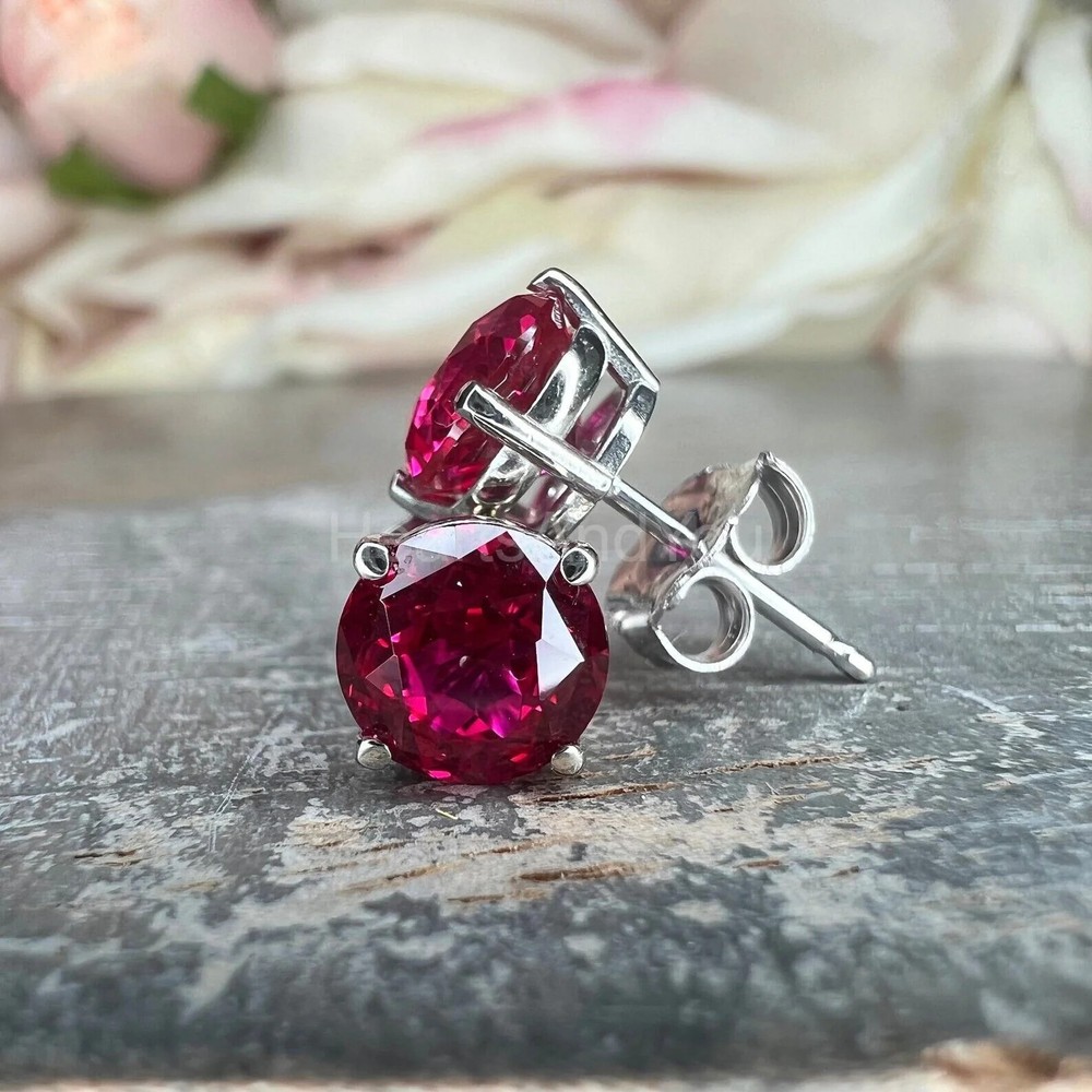 2ct Round Cut Natural Ruby Diamond Solitaire Stud Earrings 14k Solid White Gold