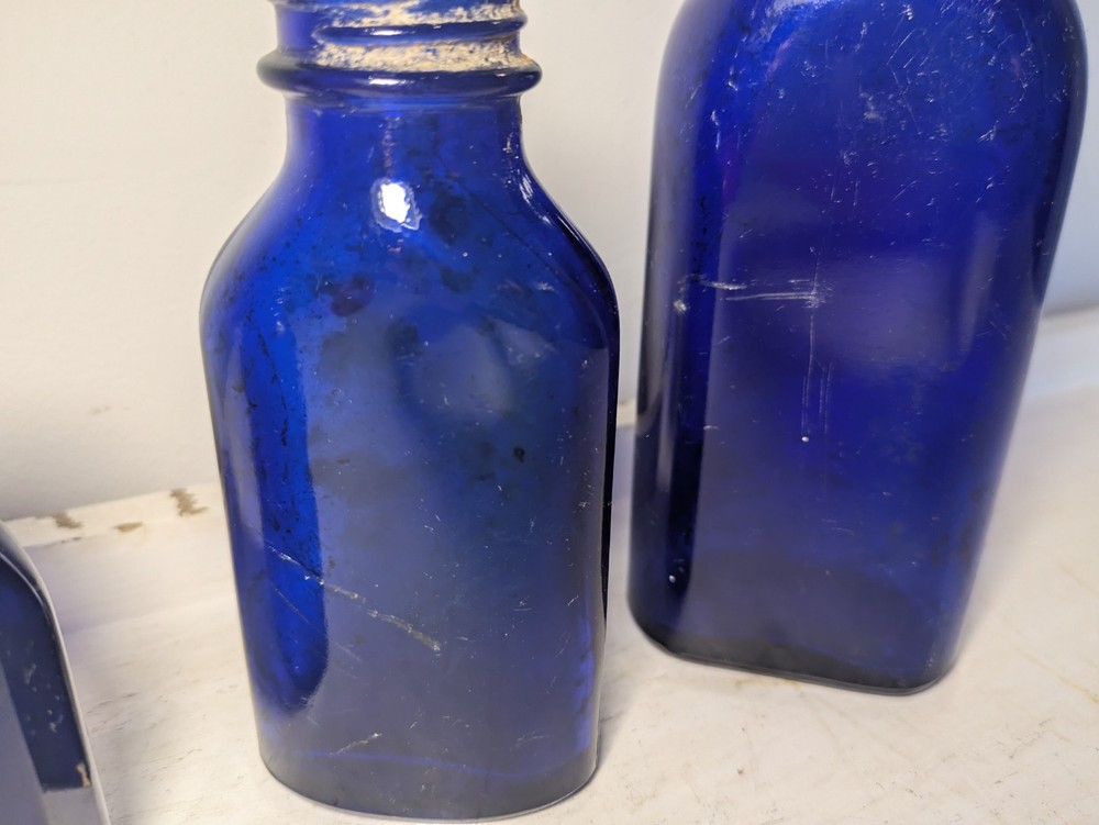 Three Vintage Blue Glass Bottle Small
