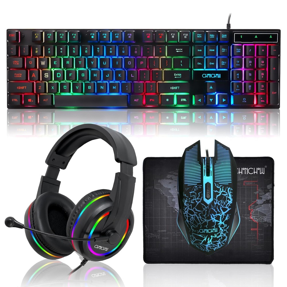 Gaming LED Keyboard Mouse Headset and Mousepad Bundle, CHONCHOW Wired Rainbow...