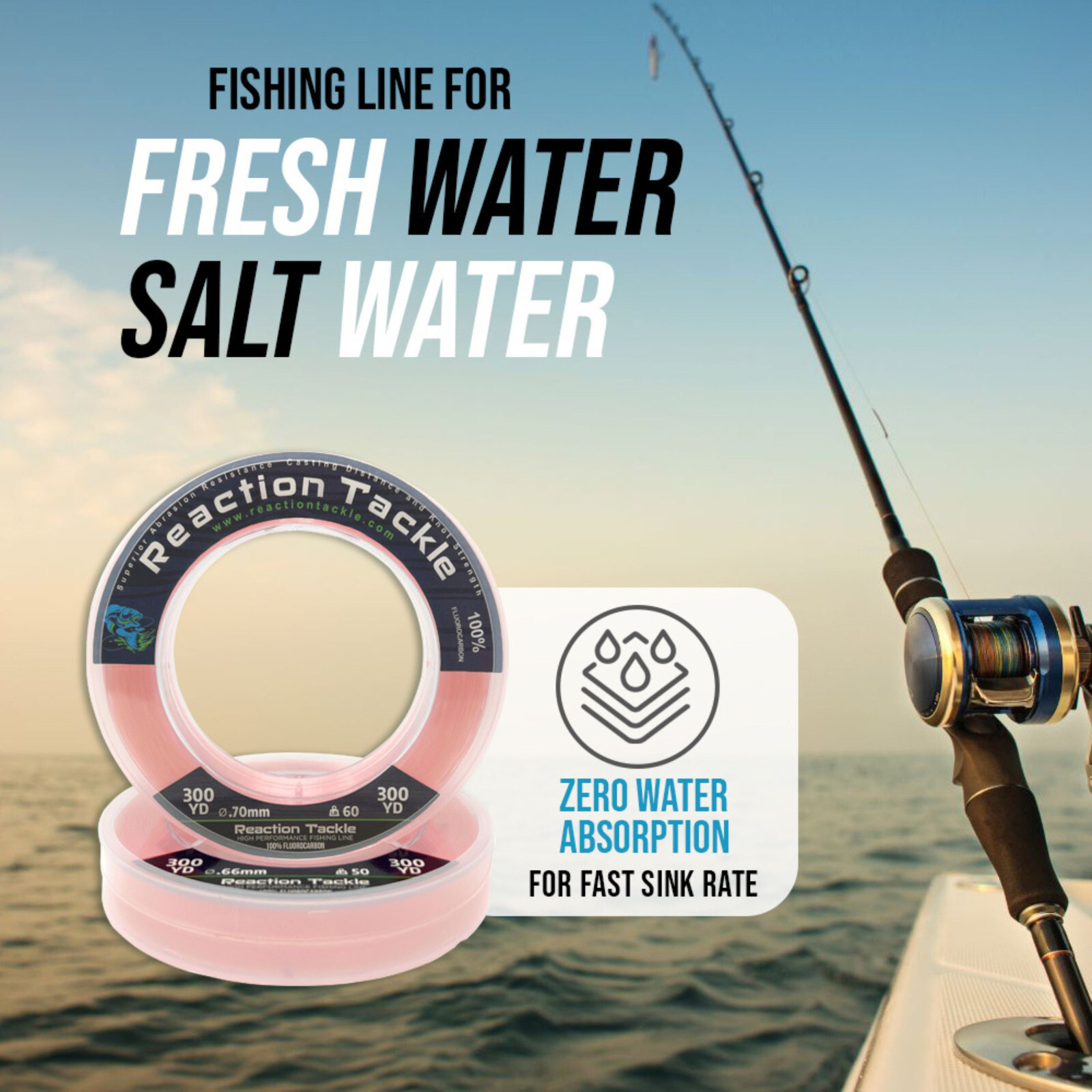 Reaction Tackle 100% Pure Fluorocarbon Fishing Line Pink or Clear Colors