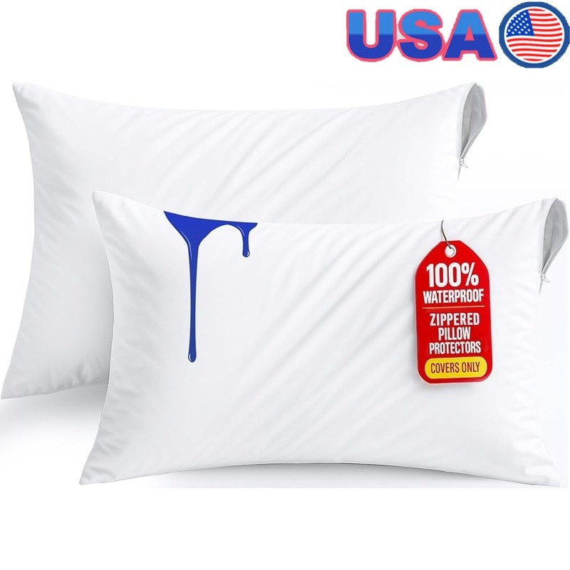 Waterproof Pillow Encasement 2 Pack Bed Bug Dust Mite Proof Machine Washable New