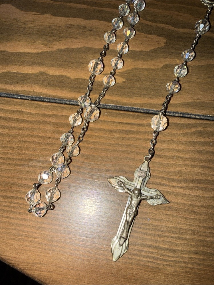 Vintage Rosary Sterling Silver Crucifix/medal/Aurora Borealis crystal/glass