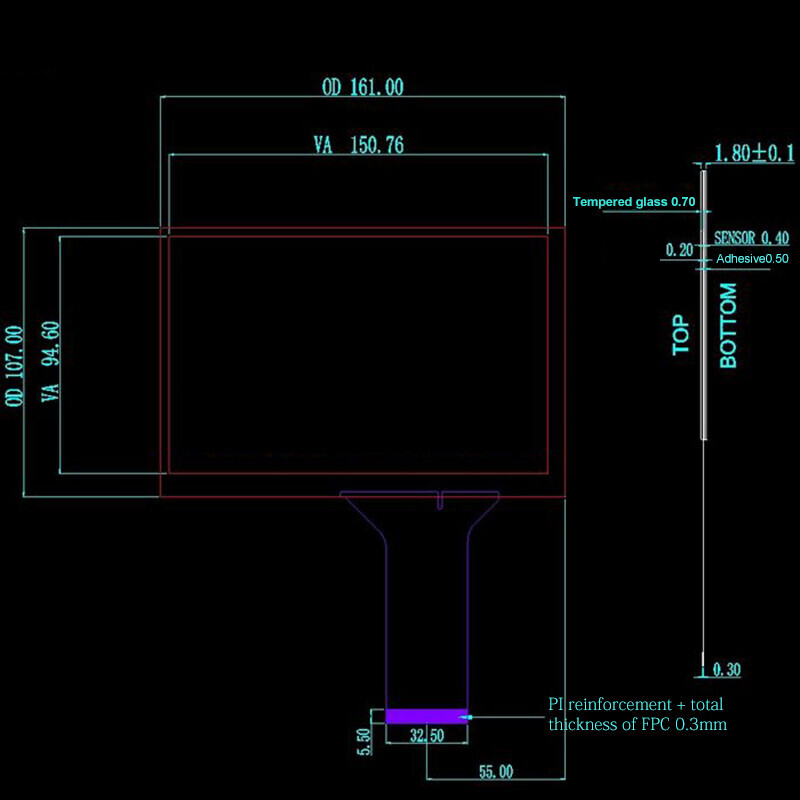 7.1" 161*107mm 10 Point Flexible Capacitive Touch Screen 16:9 + USB Controller