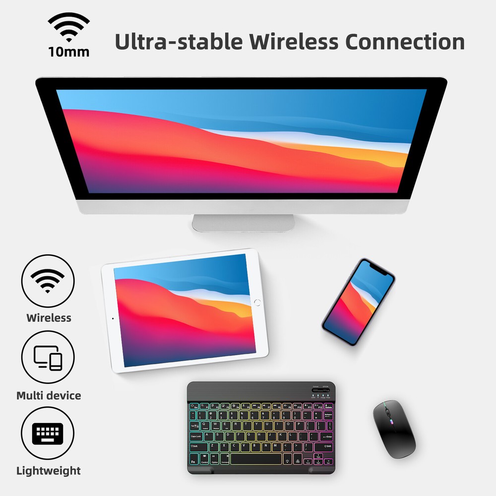 Universal RGB Backlit Keyboard and Mouse Combo - Wireless via Bluetooth for iPad