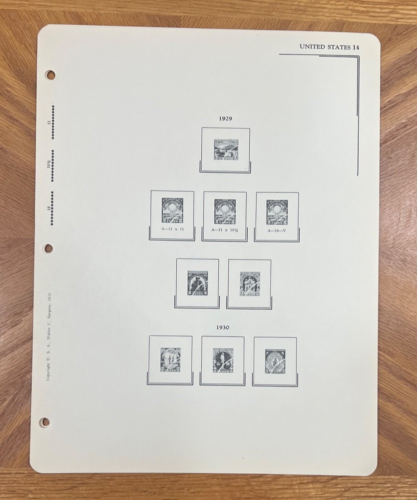 VINTAGE SARGENT LOOSE LEAF STAMP ALBUM PAGES #102 US COMMEMORATIVES, 1928-34