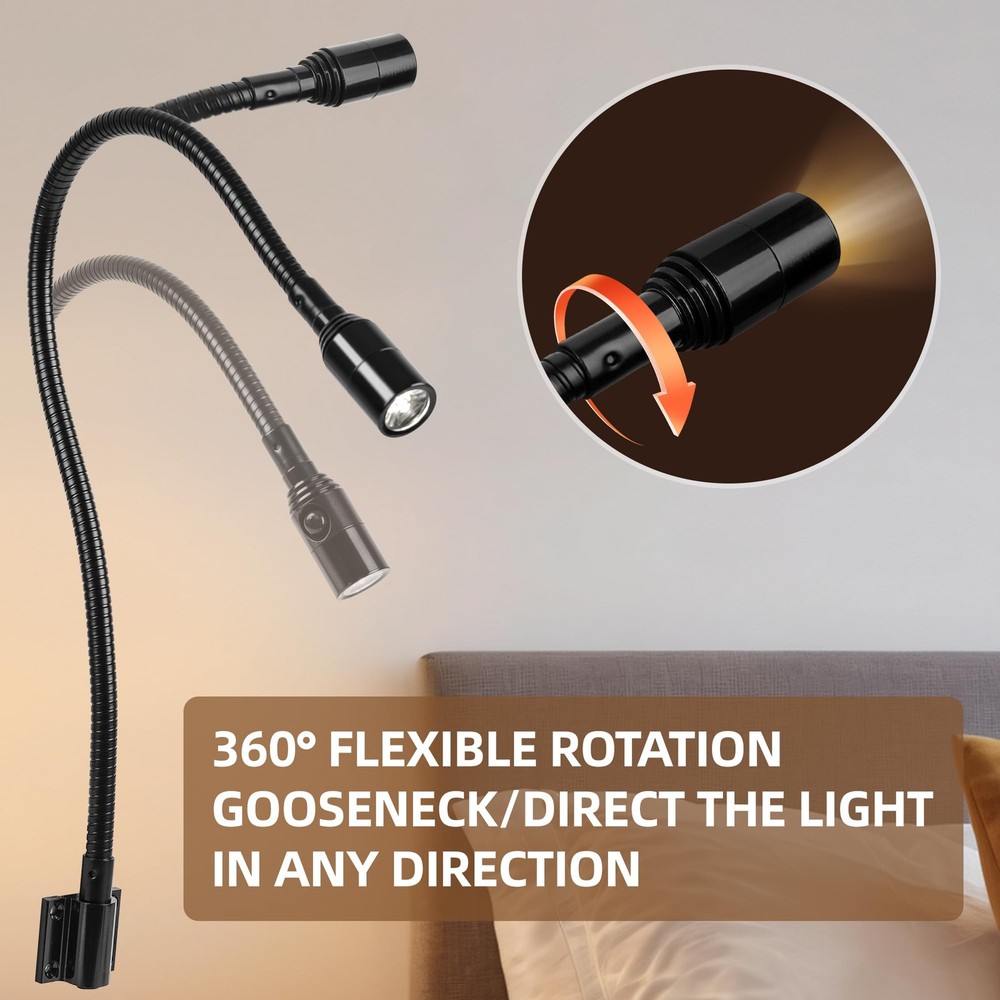 BiNFU Reading LED Light for Bedside Bedroom Wall Mount Adjustable Gooseneck B...