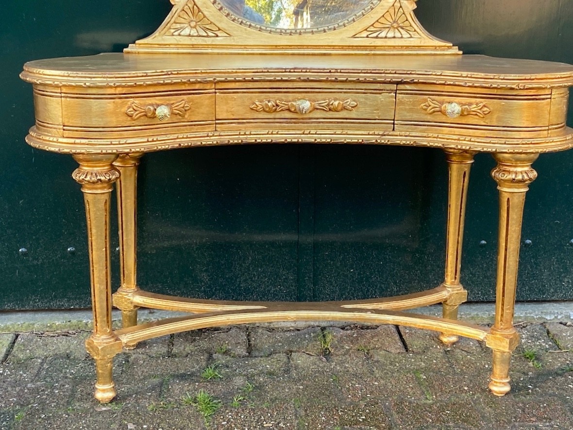 Vanity table with mirror French Louis XVI 1940s Gilt Beech Dressing Set
