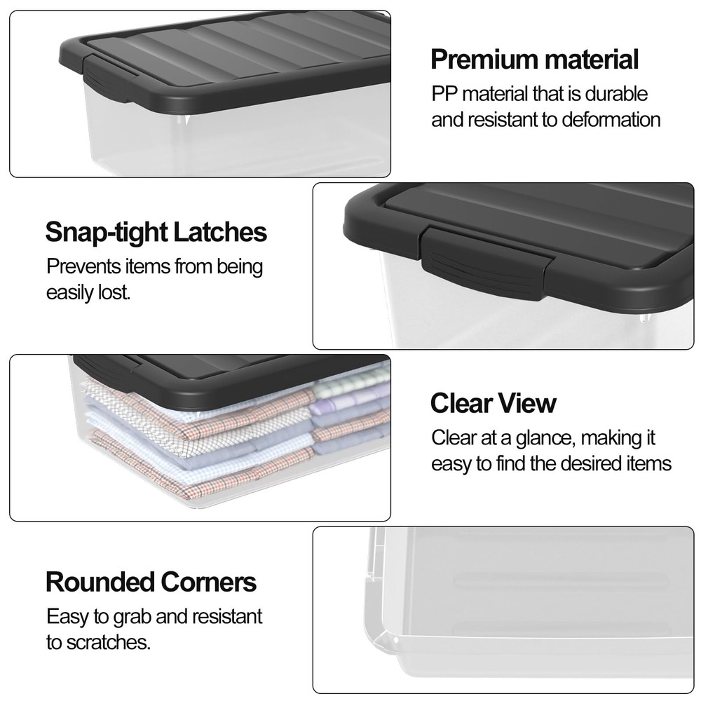 14 Quart Clear Plastic Under Bed Storage Bins, Stackable Latching with Black ...