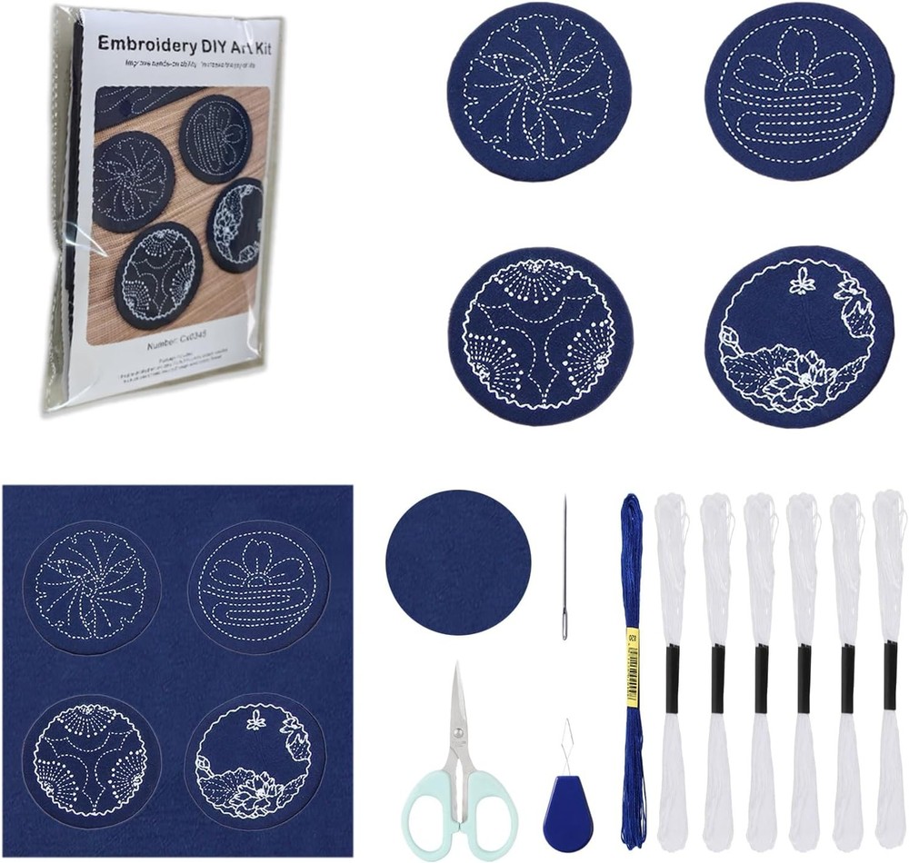4 Set Sashiko Coasters DIY Kit with Pattern, Embroidery Medium, Navy blue