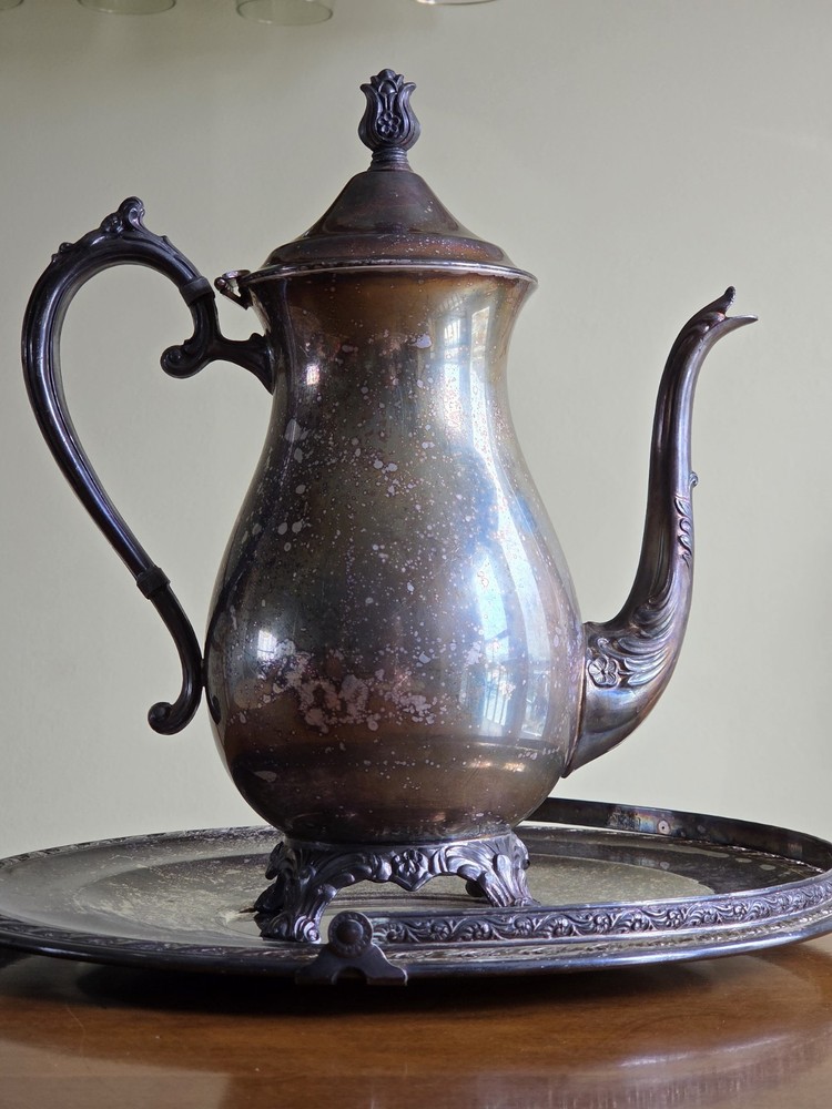 Antique FB Rogers Silver Company 1883 Silverplate Coffee Tea Pot & Handled Tray