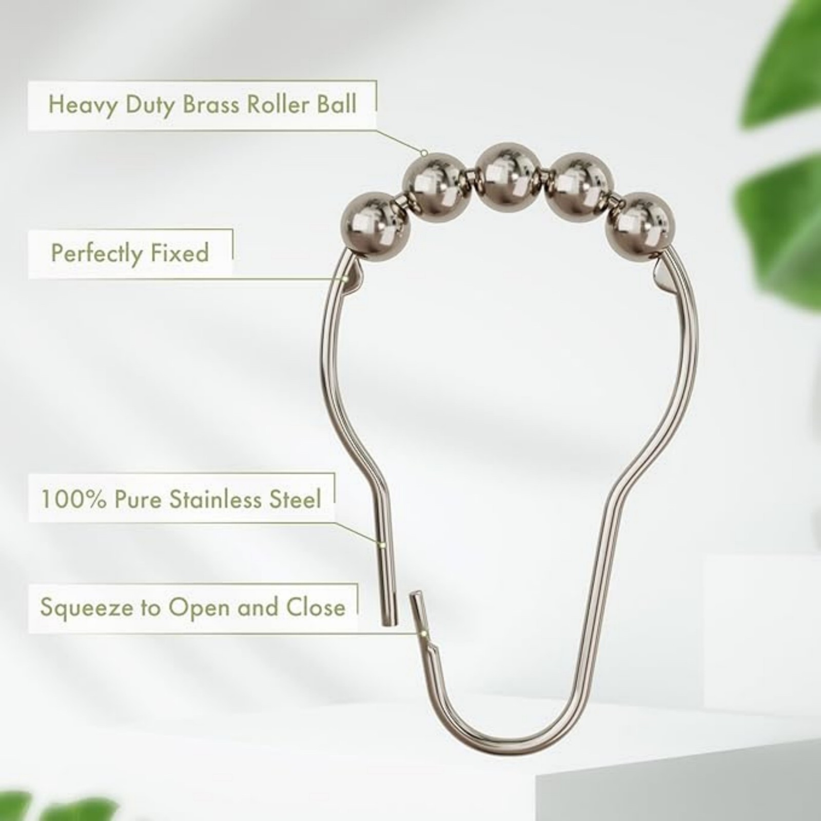 12-Piece Stainless Steel Shower Curtain Hooks with Roller Ball