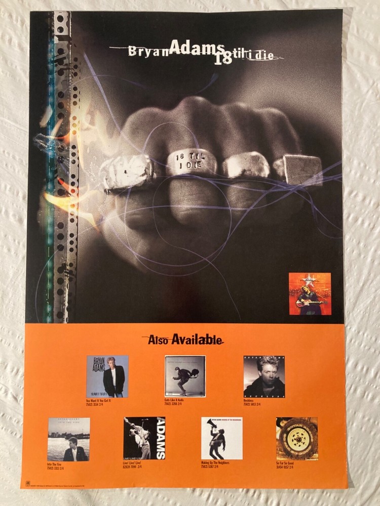 Bryan Adams 1996 Promo Poster 18 Til I Die With Album Catalog
