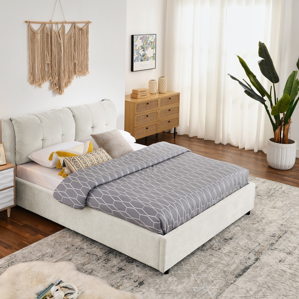 Queen Size Upholstered Platform Bed Frame with Hydraulic Storage White/Black