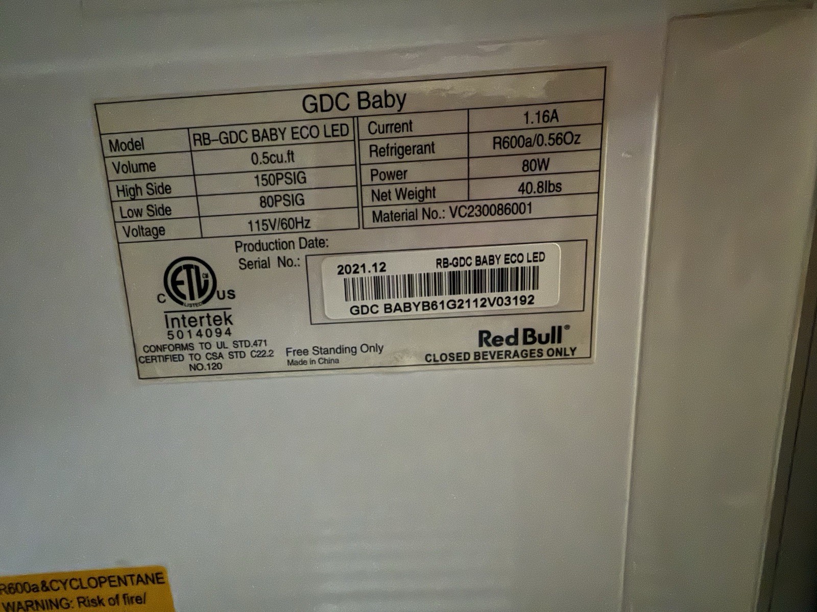 Red Bull RB-GDC BABY ECO LED Mini Fridge Aluminum LED Lighting Single Door