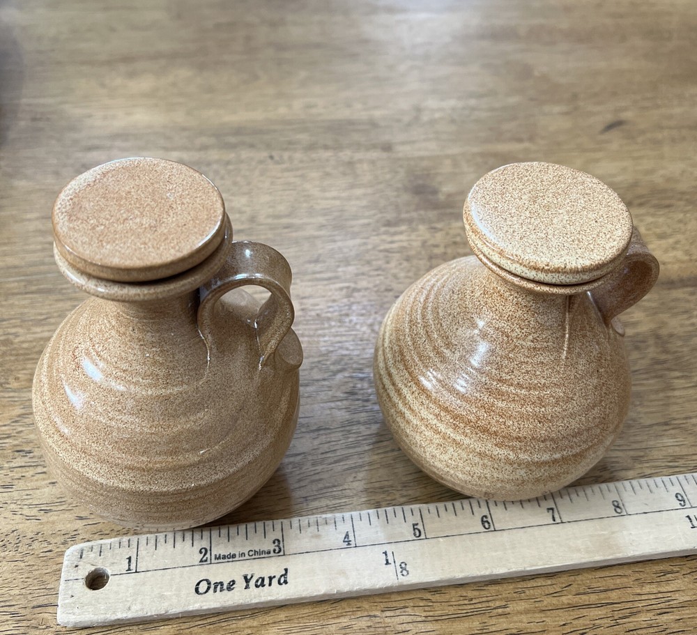 Art Pottery Mini Pitchers Glaze With Lids Rustic Decorations 2 Pcs.