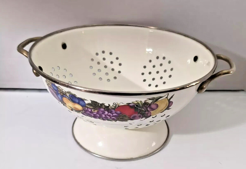 Vintage Cornucopia Enamelware Colander Made in Japan Copper Handles