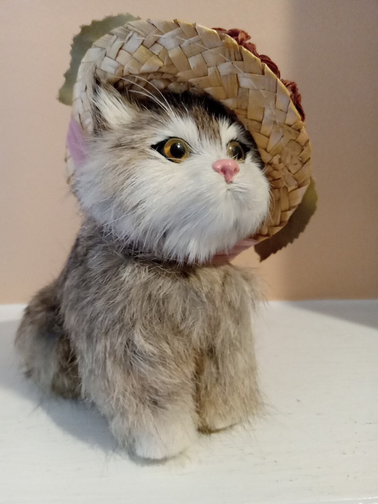 Fancy Cat Kitten Rabbit Fur Straw Hat 5.5" Figure