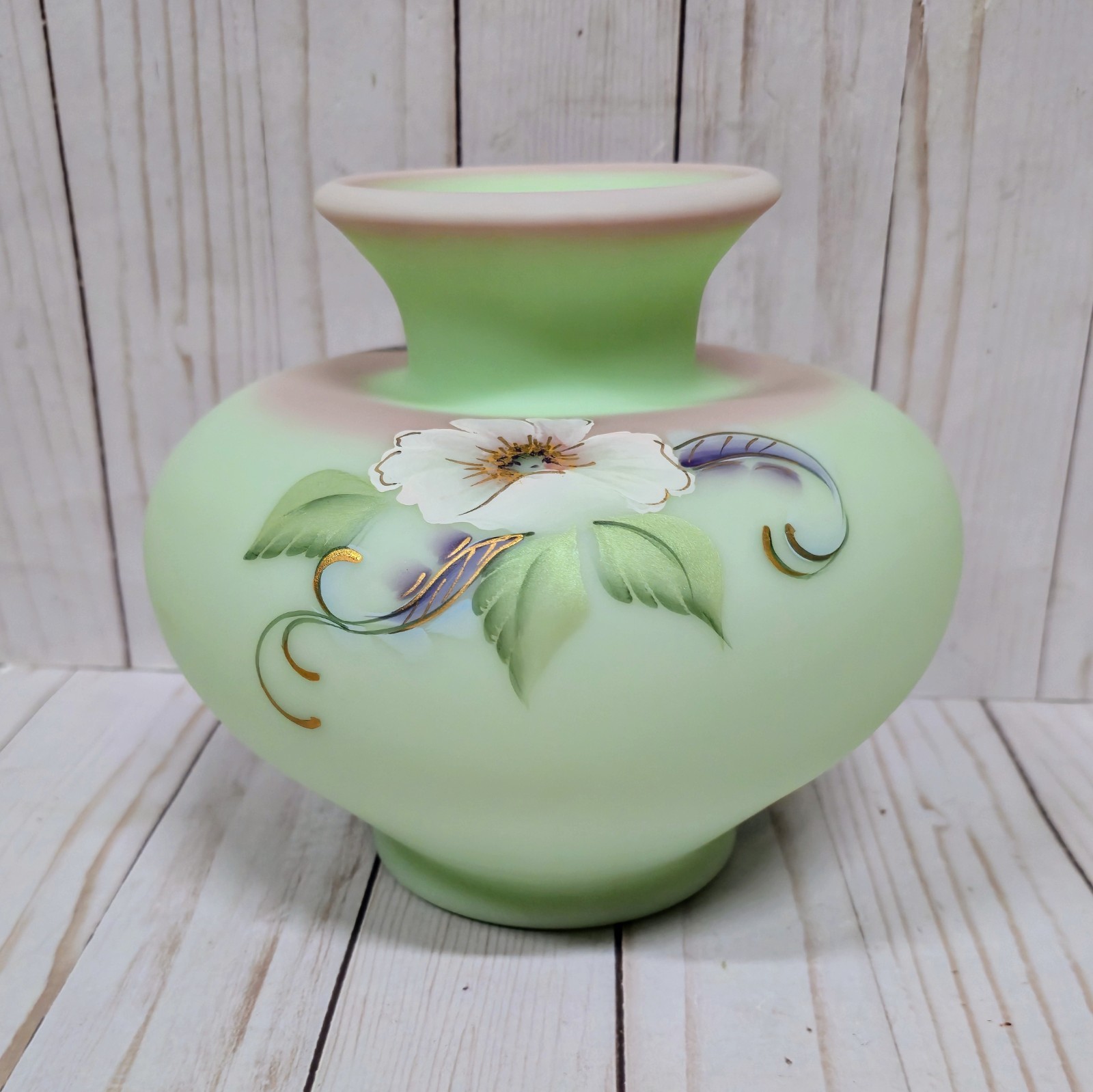 FENTON J.K. Spindler Connoisseur Lotus Mist Hibiscus Vase Hand-Painted 320/1950