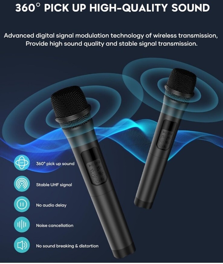 Portable Bluetooth Karaoke Machine with LED Lights & 2 UHF Wireless Microphones*