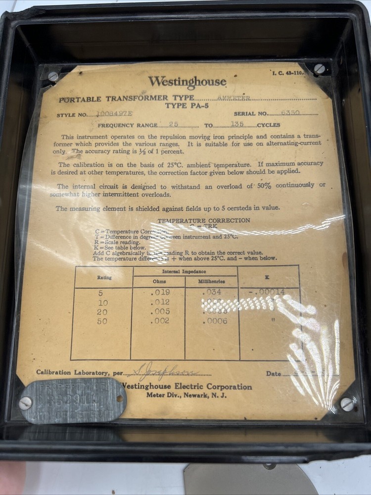 Westinghouse Portable Transformer Type AMMETER Type PA-5 Frequency 25-135 Cycles