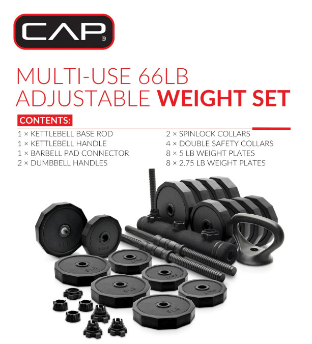 CAP 66lb Multi-Purpose Weight Set Adjustable Dumbbell, Barbell, & Kettle, Black