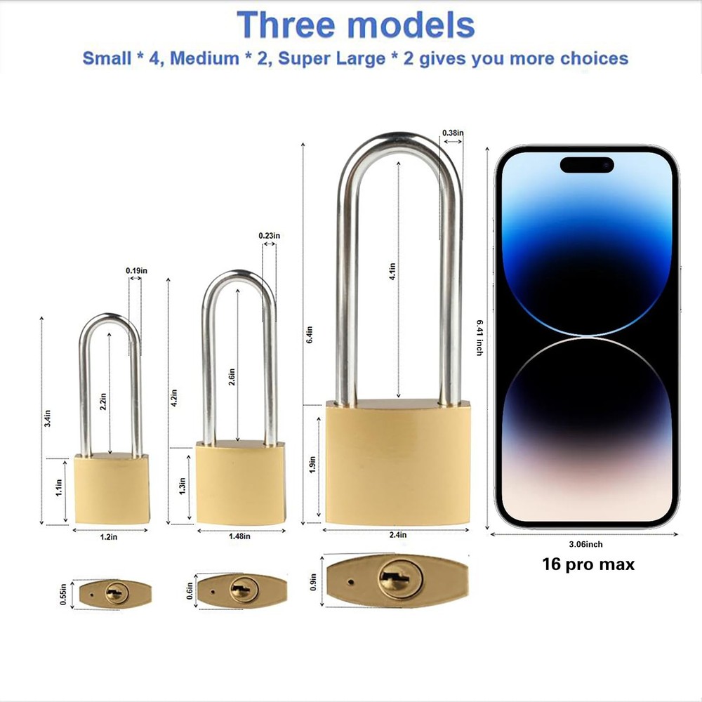 4 PCS Long Keyed Padlock Waterproof Solid Brass Lock, Padlock with Keys, 3.4 Inc