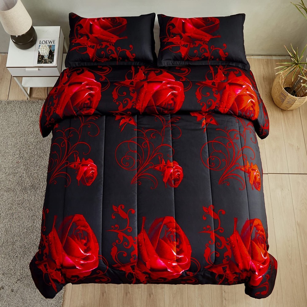 WONGS BEDDING Red Comforter Set King Reversible Red Rose Pattern Printed Bedd...