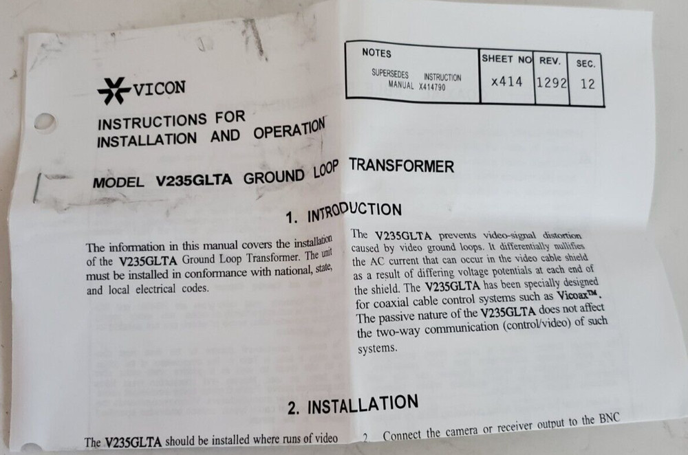 Vicon Industries V235GLTA Ground Loop Transformer