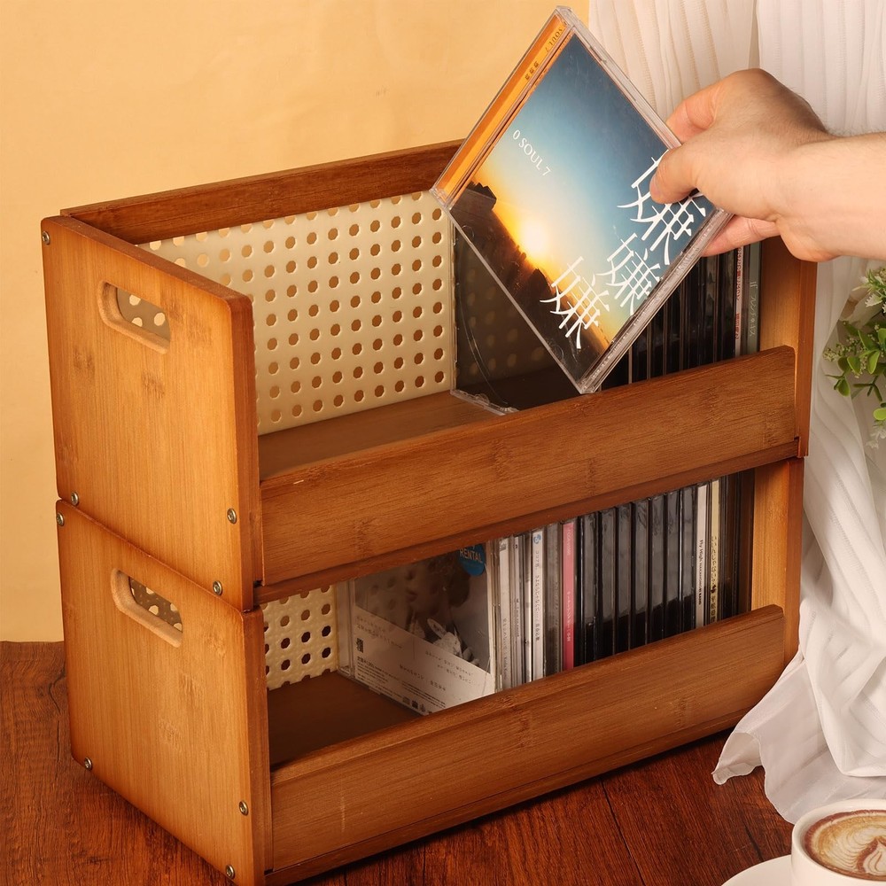 2 Set Bamboo CD Storage Box, Stackable CD Holder Racks Organizer Shelf for Mo...
