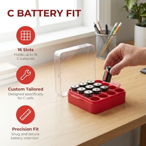Battery Organizer Storage Case, Battery Vault Box Container for Medium-C Red