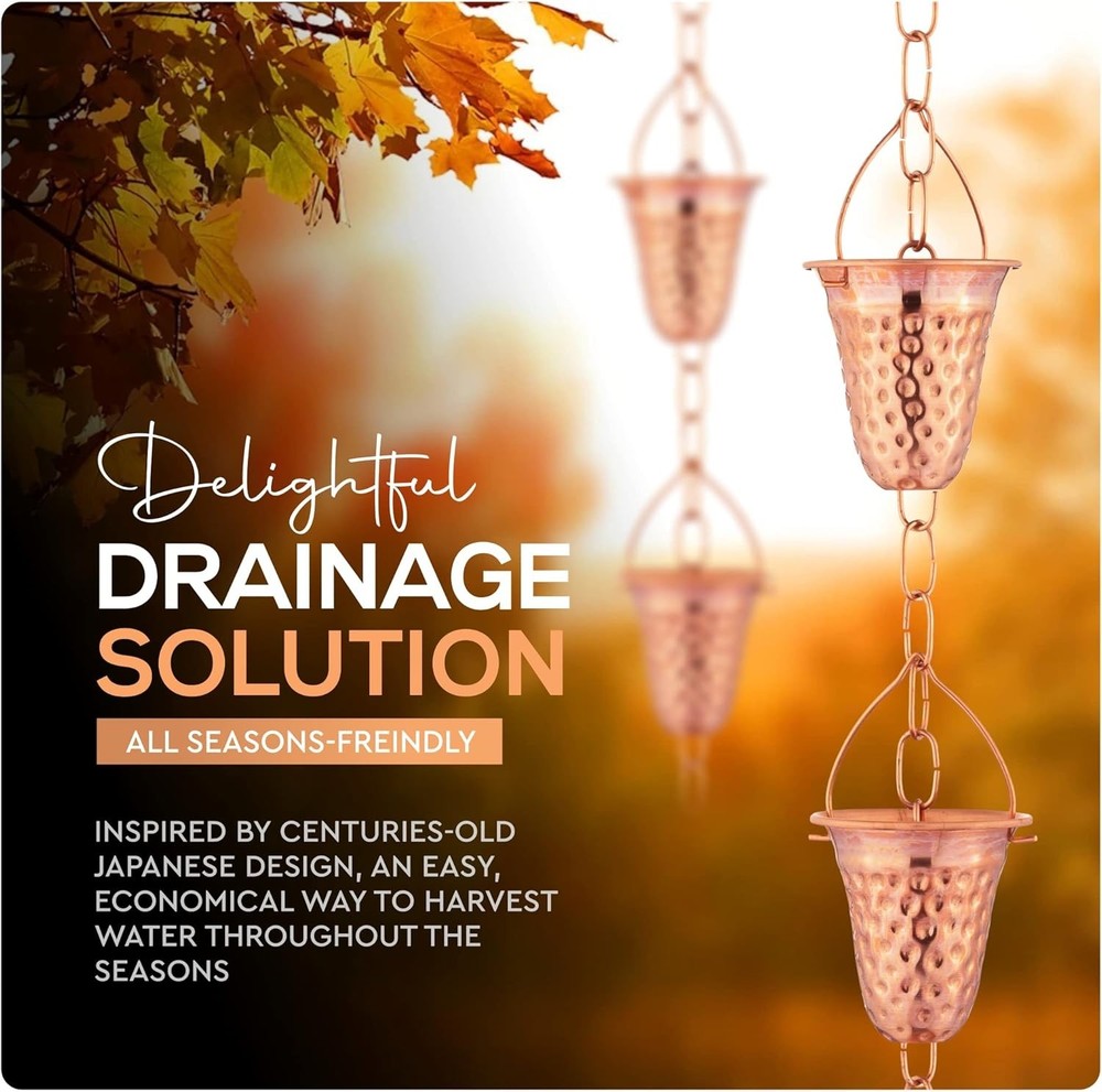 Stunning 6.5ft Copper Hammered Rain Chain - Elegant Water Diversion Solution