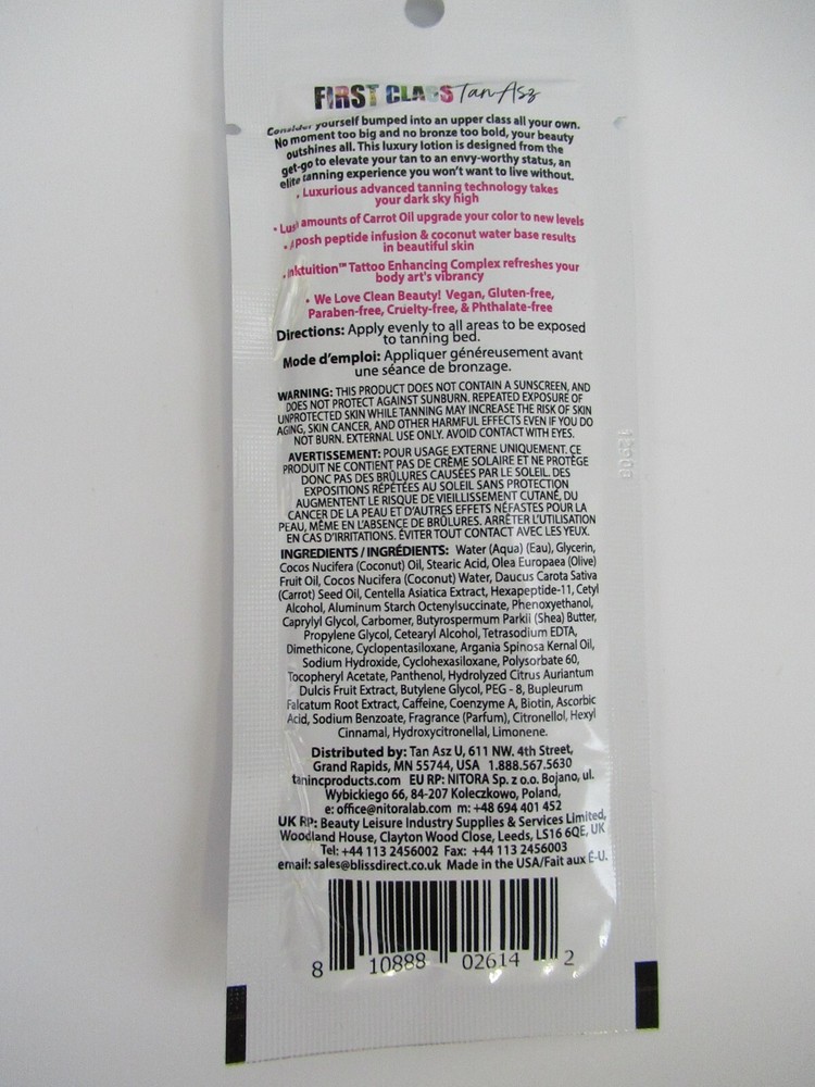 First Class Tan Tan Asz U Tanning Lotion 5 Sample Packet Bundle .75 oz Maximizer
