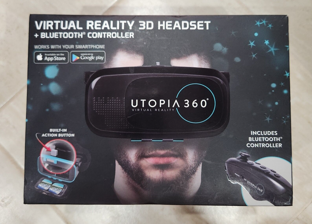 New UTOPIA 360 VIRTUAL REALITY 3D HEADSET WITH BLUETOOTH CONTROLLER ReTrak ETVRC