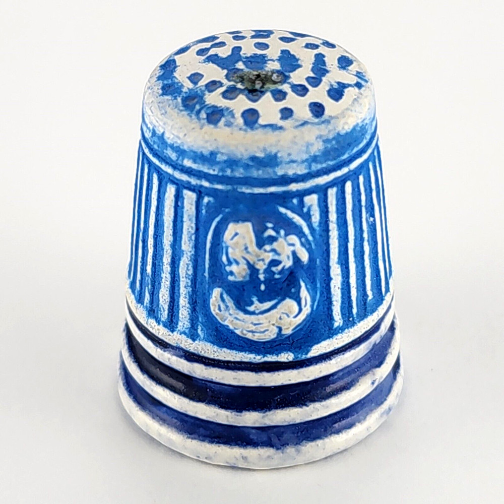 Thimble Blue & White Handmade Painted Embossed Human Figure Porcelain Ceramic