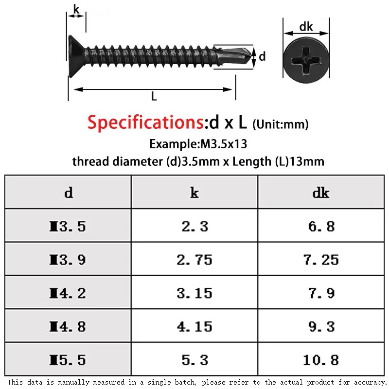 Black Countersunk Self Drilling TEK Screws,Phillips Flat Head Sheet Metal Screws