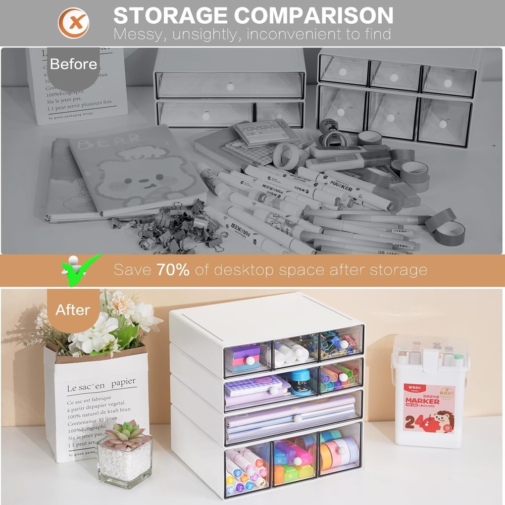 Desk Storage Organizer with 9 Drawers, 4 Tiers Stackable Desktop Craft Storag...