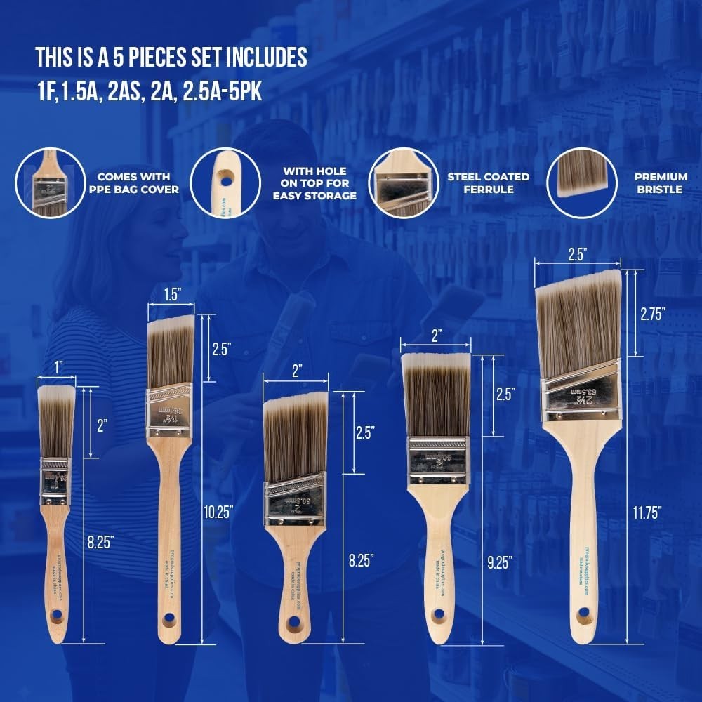 Paint Brush Set Five Piece Flat and Angle Brushes for Interior Exterior Use