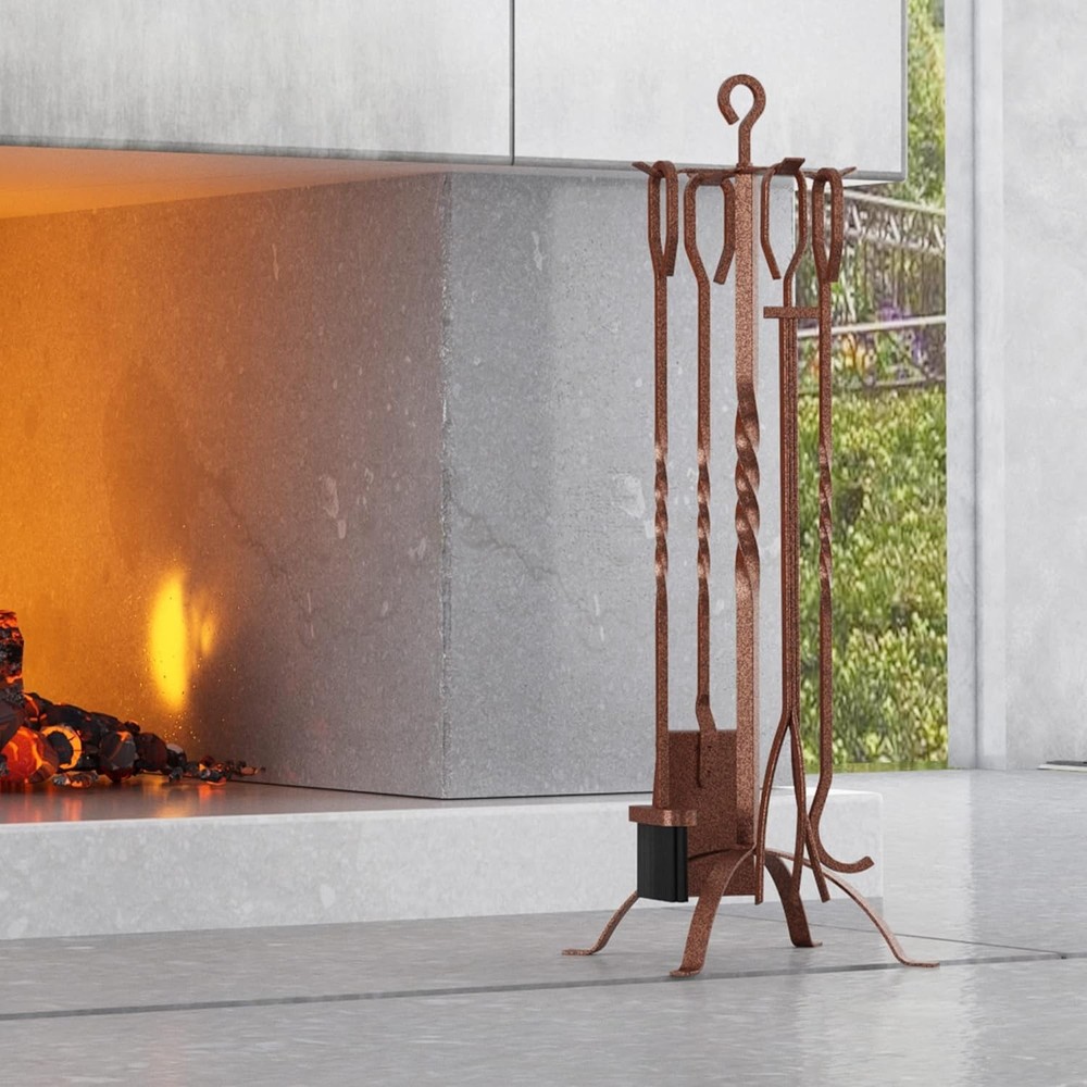 5-Piece Rustic Fireplace Tool Set in Antique Bronze - Elegant & Functional Decor