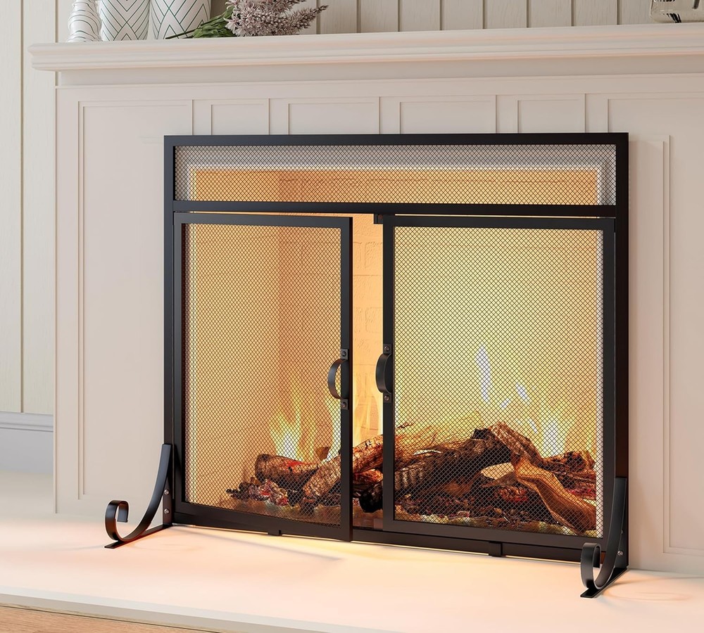 Flat Fireplace Screen with Doors,Solid Wrought Iron Frame with Metal Mesh, Flat