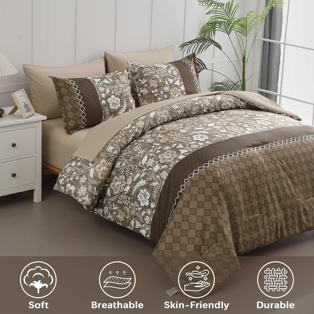 Brown Comforter Set Queen, 7 Pieces Bed in a Bag Floral Patchwork Soft Microfibe