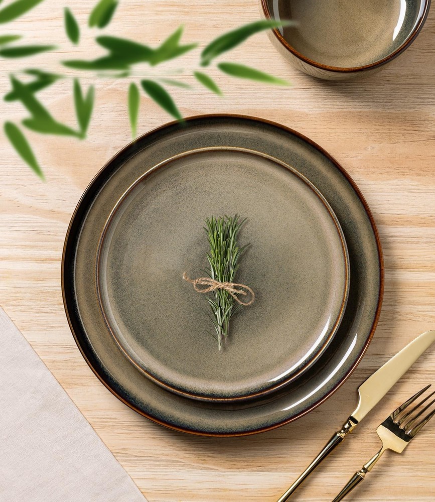 Ceramic Dinnerware Sets for 4, 12 Pcs Handmade Reactive Glaze Plates & Bowls Set