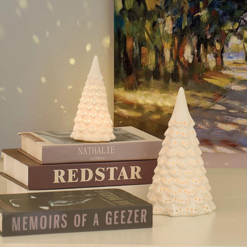 Light Up Ceramic Christmas Tree 2 Pack Lighted Porcelain Christmas Tree with