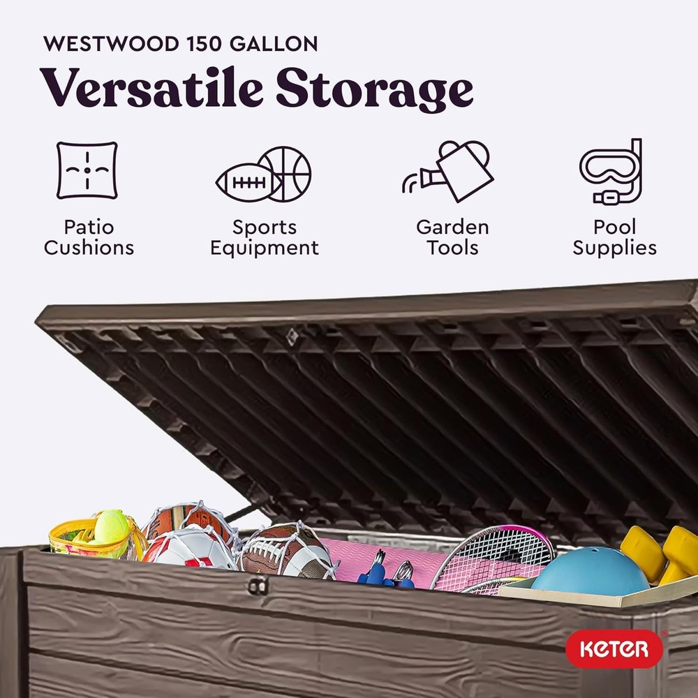 Keter 150 Gallon Deck Box Outdoor Storage Bench Seat Lockable Brown
