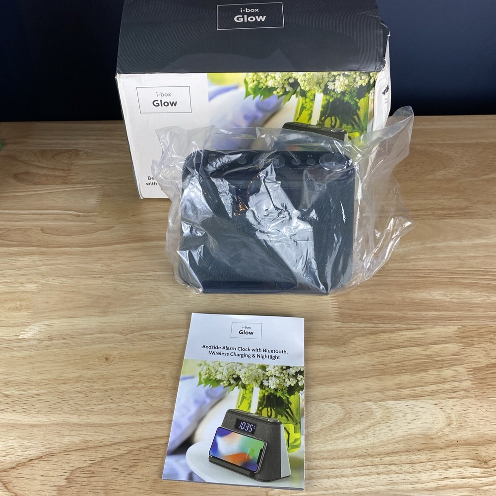 i-Box Glow Bedside Alarm Clock Wireless Charging & Nightlight, Gray