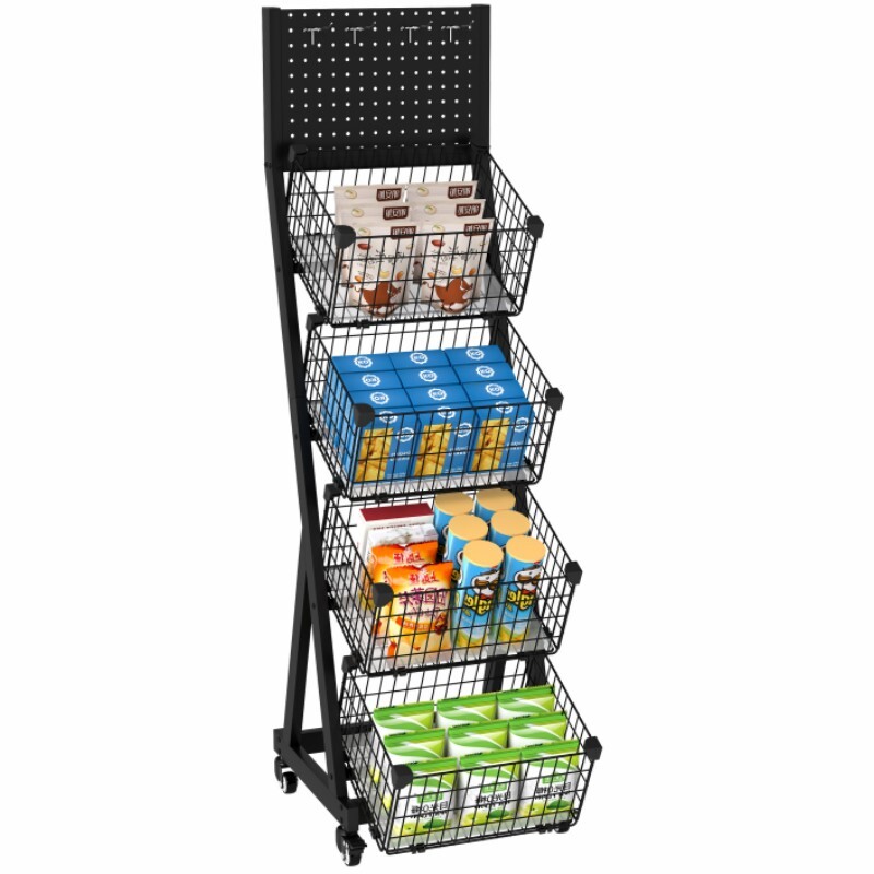 Retail Display Rack Stand 4 Tier Snack Candy Shelf Cart w/Wheels & Display Board
