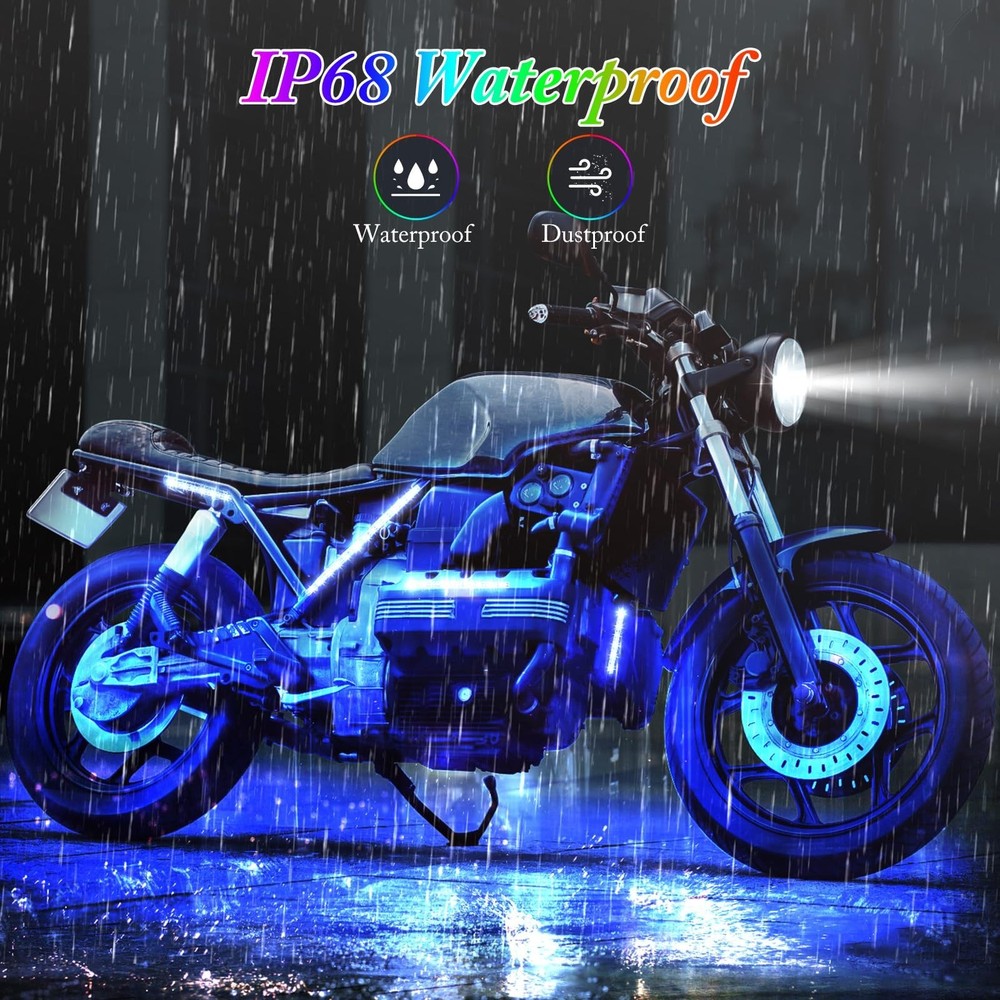 8PCS Motorcycle LED Underglow Kit, 4 Key Remote Control App Control with Two ...