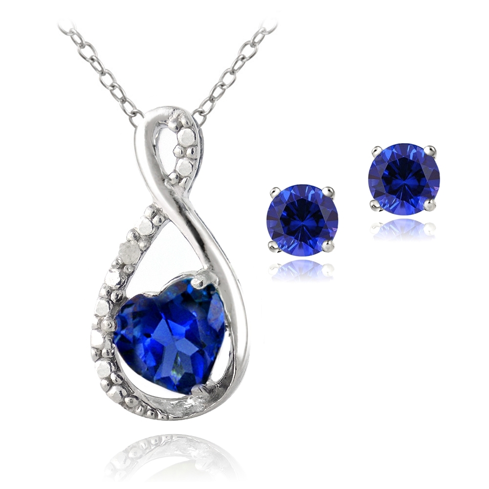 Silver Lab Created Sapphire & Diamond Accent Infinity Heart Pendant & Earrings