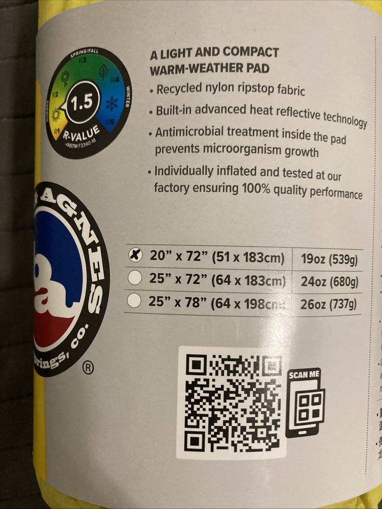 Big Agnes Divide Regular Sleeping Pad 20x72 NEW H100